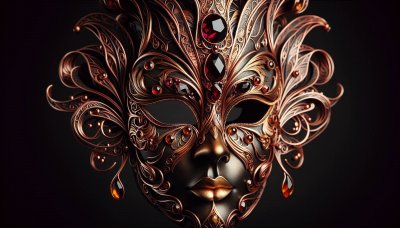 Ornate bronze and black Venetian mask with ruby gemstones