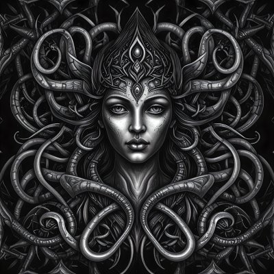 Dark fantasy portrait of woman with organic tendrils and headdress