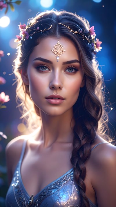 Fantasy woman portrait with flower crown, braid, and forehead jewel