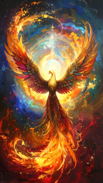 Phoenix reborn in cosmic fire, celestial glow, symbol of hope