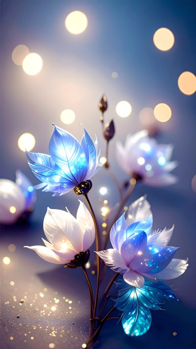 Glowing blue and white fantasy flowers with sparkling bokeh lights