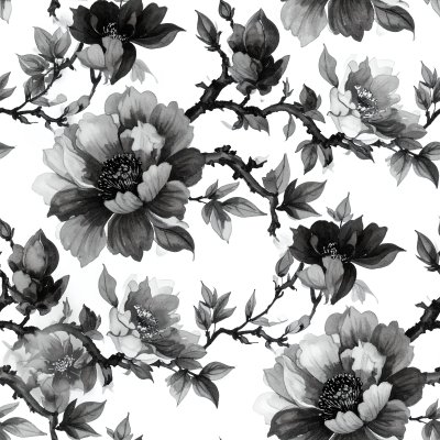 Seamless grayscale watercolor floral pattern with peonies & branches