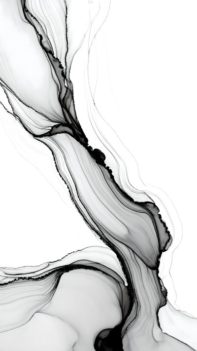 Abstract grayscale fluid shapes flowing like ink on white background