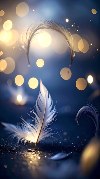 Ethereal white feathers with golden bokeh lights on dark background