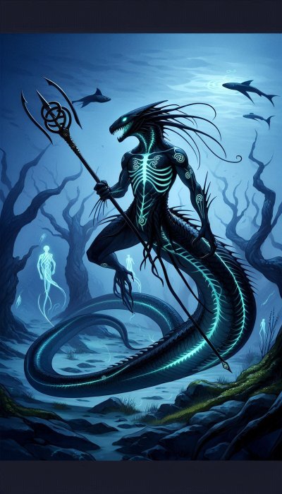 Underwater Dragon Warrior in Mystical Forest with Spear