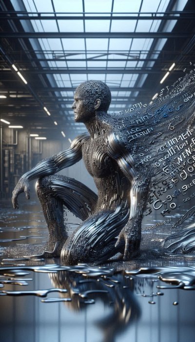 Figure dissolves into digital code in industrial setting