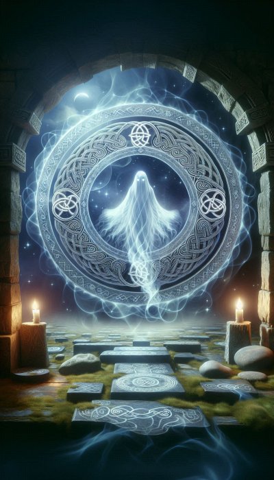 Ethereal spirit through Celtic portal, illuminated by candlelight