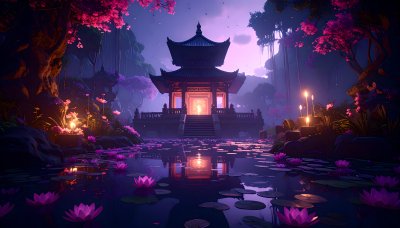 Mystical temple reflecting in lotus pond at twilight