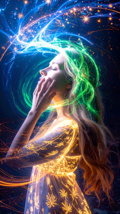 Woman glowing green, golden light, magic and wonder.