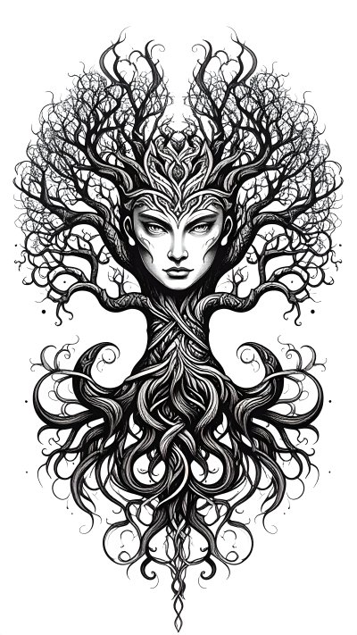 Female face merging with tree illustration in black ink