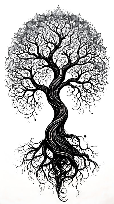 Black & white stylized tree illus w/ roots & mandala crown