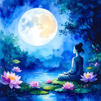 Meditating woman, full moon, serene lake, spiritual peace.