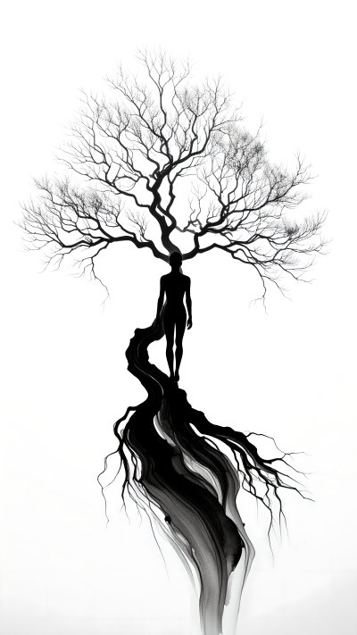 Human silhouette merging with tree and roots ink illustration