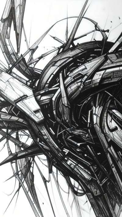 Abstract black and white drawing of complex interwoven forms