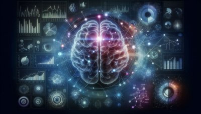 Digital brain with tech interface and data charts
