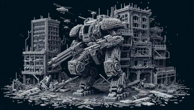 Giant mech robot in destroyed city technical line art with text