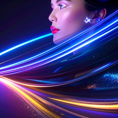 Woman with radiant makeup and neon light streaks, futuristic glamour