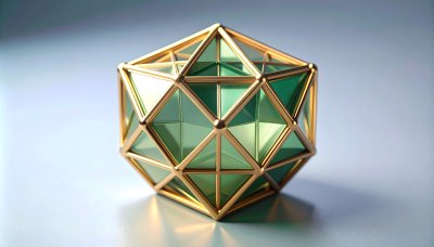 Glimmering golden icosahedron with emerald facets, sparking wonder