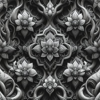 Intricate grayscale relief carving of lotus flowers & organic pattern