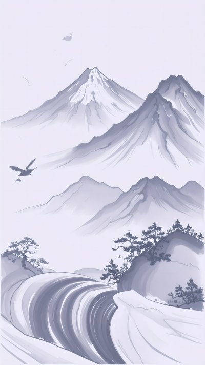 Monochromatic ink wash landscape mountains river trees birds