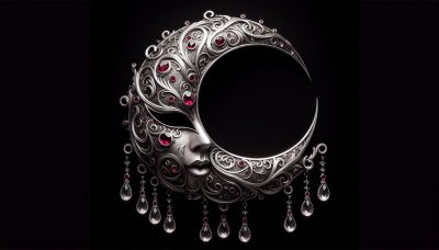 Silver Crescent Moon Mask with Ruby Gems and Crystal Droplets on Black