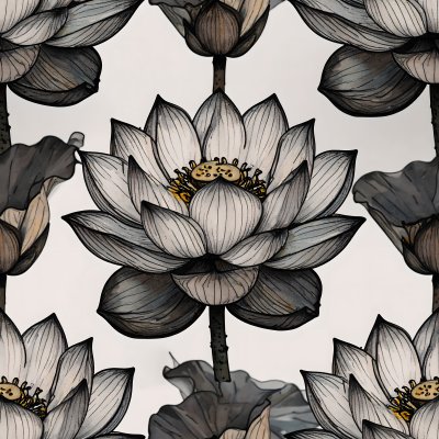 Seamless grayscale lotus flower pattern illustration on white