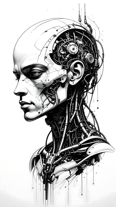 Black and white cyborg head illustration with exposed mechanics