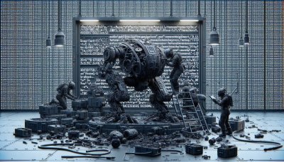 Engineers assemble complex robot mech suit in high-tech data lab