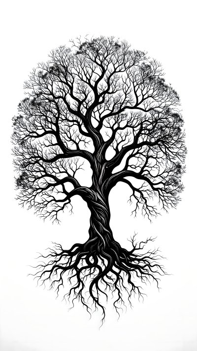 Intricate black and white bare tree illustration with roots