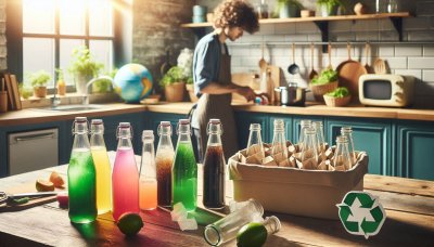 Homemade soda bottles with recycling symbol in bright kitchen