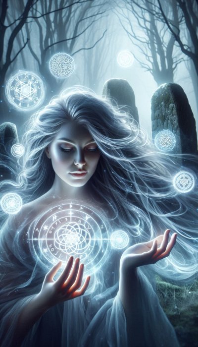 Mystical woman with glowing orbs and sigils in a misty forest
