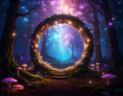 Magical forest gateway with glowing mushrooms and ethereal light