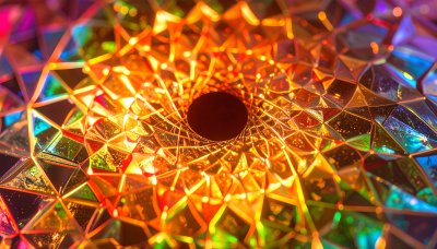 Iridescent geometric facets in warm tones evoke wonder