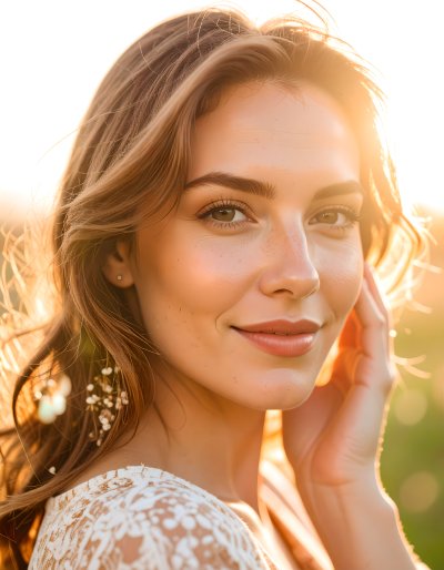 Joyful woman smiling outdoors with sun-kissed skin and floral earrings