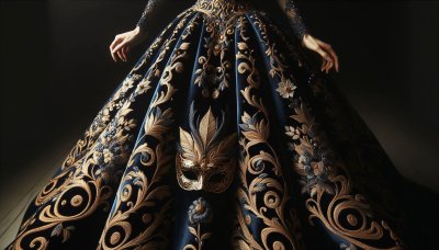 Opulent blue and gold embroidered dress with masquerade mask and hands