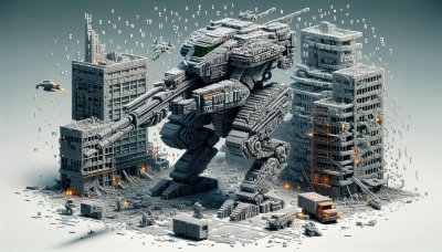 Futuristic War Machine Mech in Destroyed City: Urban Warfare Concept