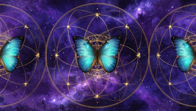 Mystical blue wings, golden nebula, wonder, transformation.