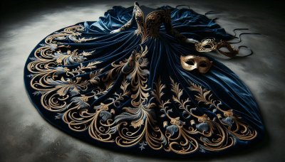 Blue velvet gown with gold embroidery and Venetian masks