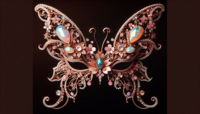 Rose gold butterfly mask with opalescent gems and floral details