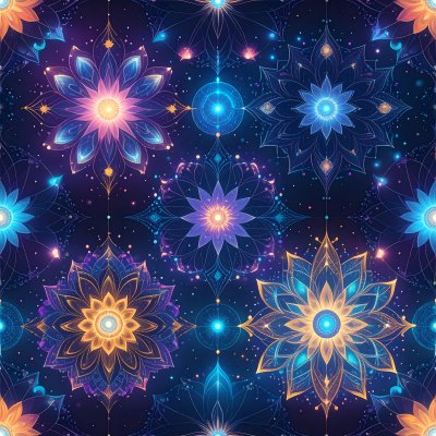Glowing vibrant mystical mandalas seamless pattern