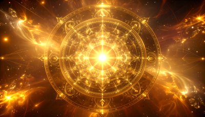 Golden celestial mandala radiating divine energy in cosmic nebula