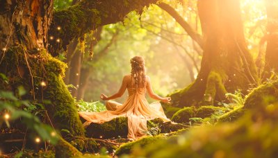 Woman meditating in magical forest with sunbeams and fireflies
