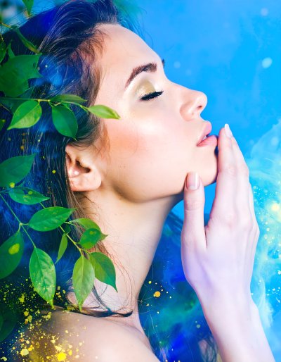Ethereal woman with greenery, embodying nature's mystery