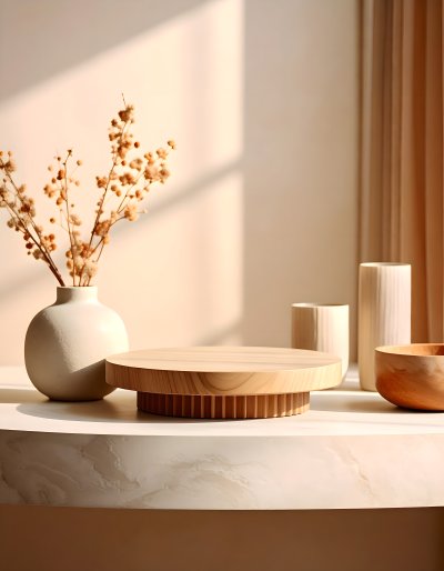 Serene minimalist decor with dried floral branches and soft light.