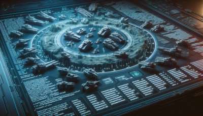 Futuristic military battlefield data visualization, glowing blue inter