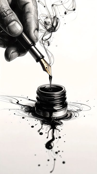 Hand holding fountain pen dipping into inkwell with ink splashes