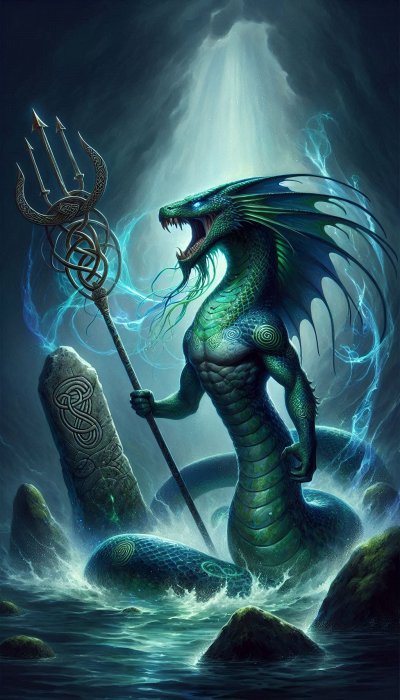 Naga warrior with trident emerging from water near stone