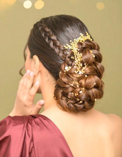 Braided updo, gold pearls, jewels: luxurious evening.