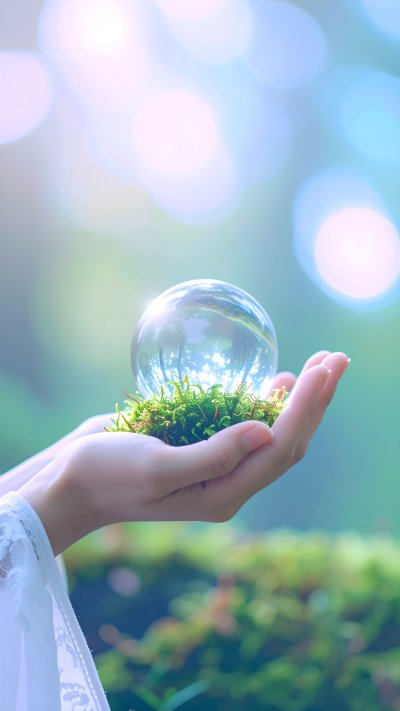 Hands holding glass sphere w/ moss & reflected landscape, soft bokeh