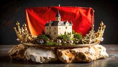 Miniature castle on golden crown, pearls, luxury fantasy
